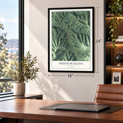 South Wallins, Kentucky map, 18 x 24 inch print in a black frame in a home office