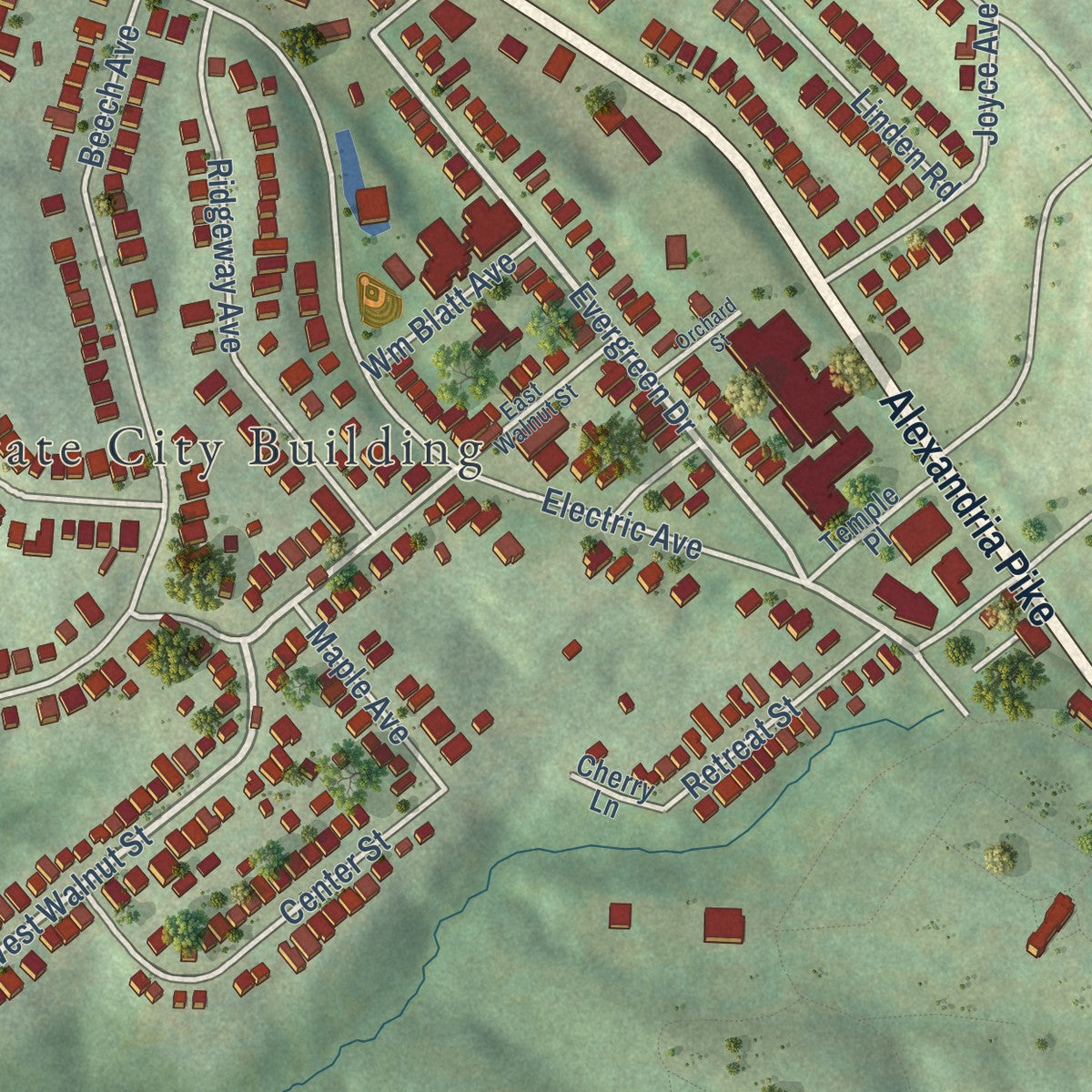 Close-up of the map of Southgate, Kentucky print showing street and building detail