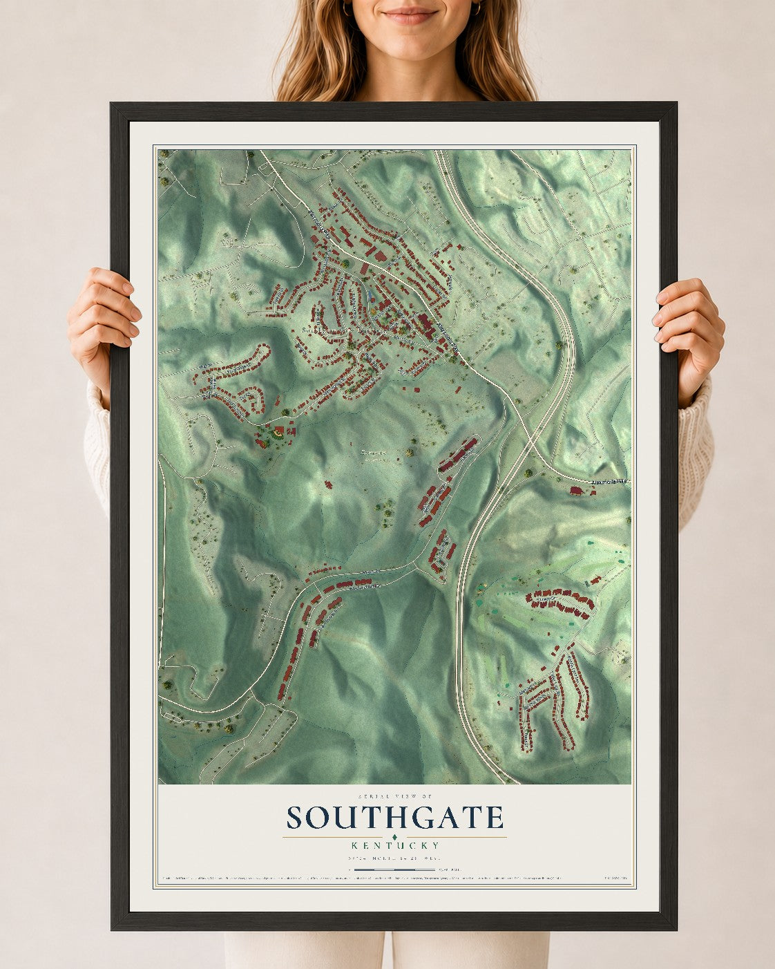 Map of Southgate, Kentucky, 24 x 36 inch print in a black wood frame