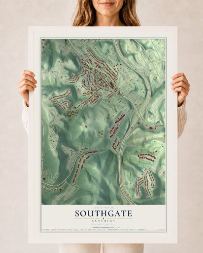 Map of Southgate, Kentucky, 24 x 36 inch print in a white wood frame