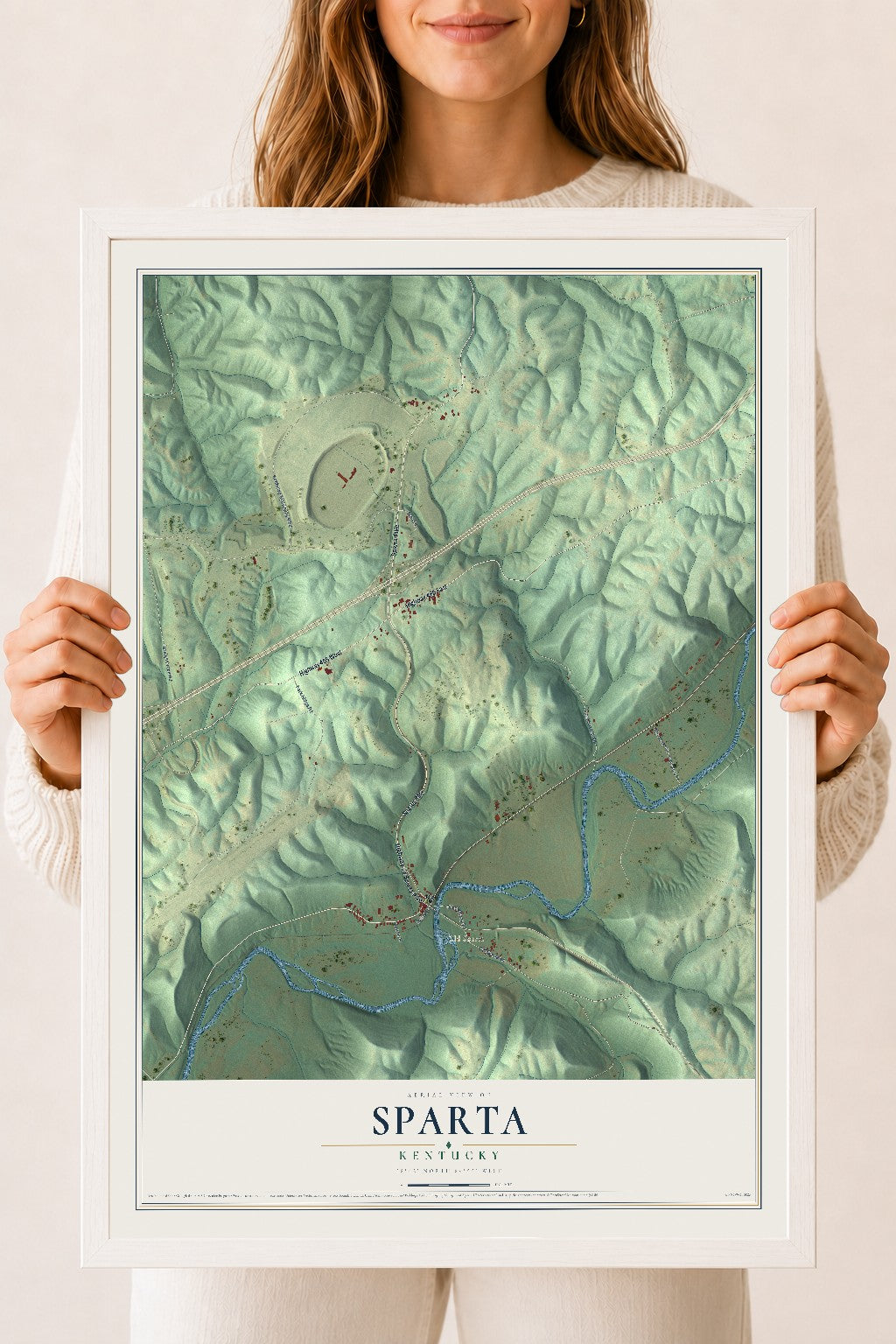 Map of Sparta, Kentucky, 18 x 24 inch print in a white wood frame