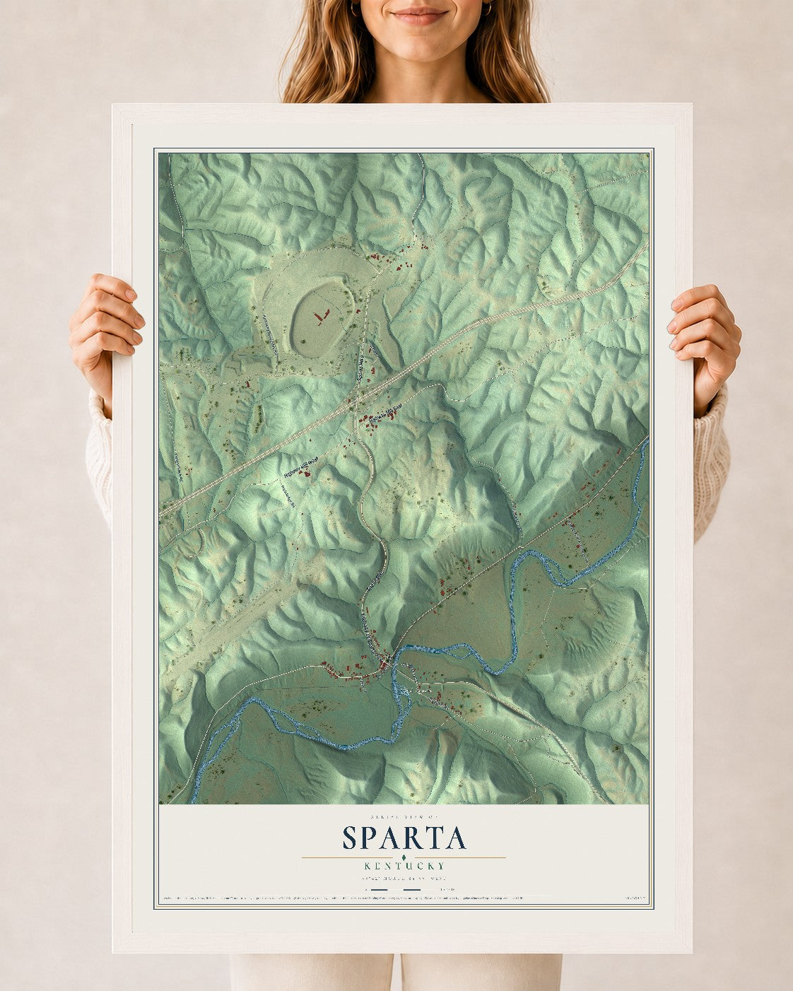 Map of Sparta, Kentucky, 24 x 36 inch print in a white wood frame