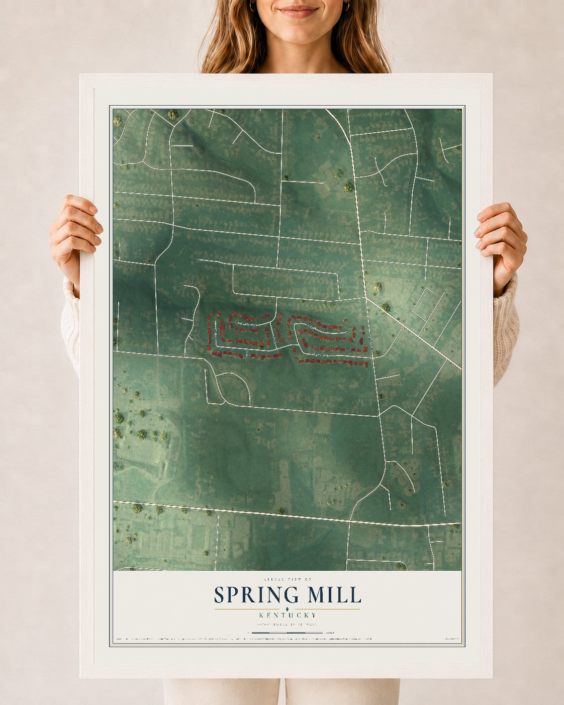 Map of Spring Mill, Kentucky, 24 x 36 inch print in a white wood frame
