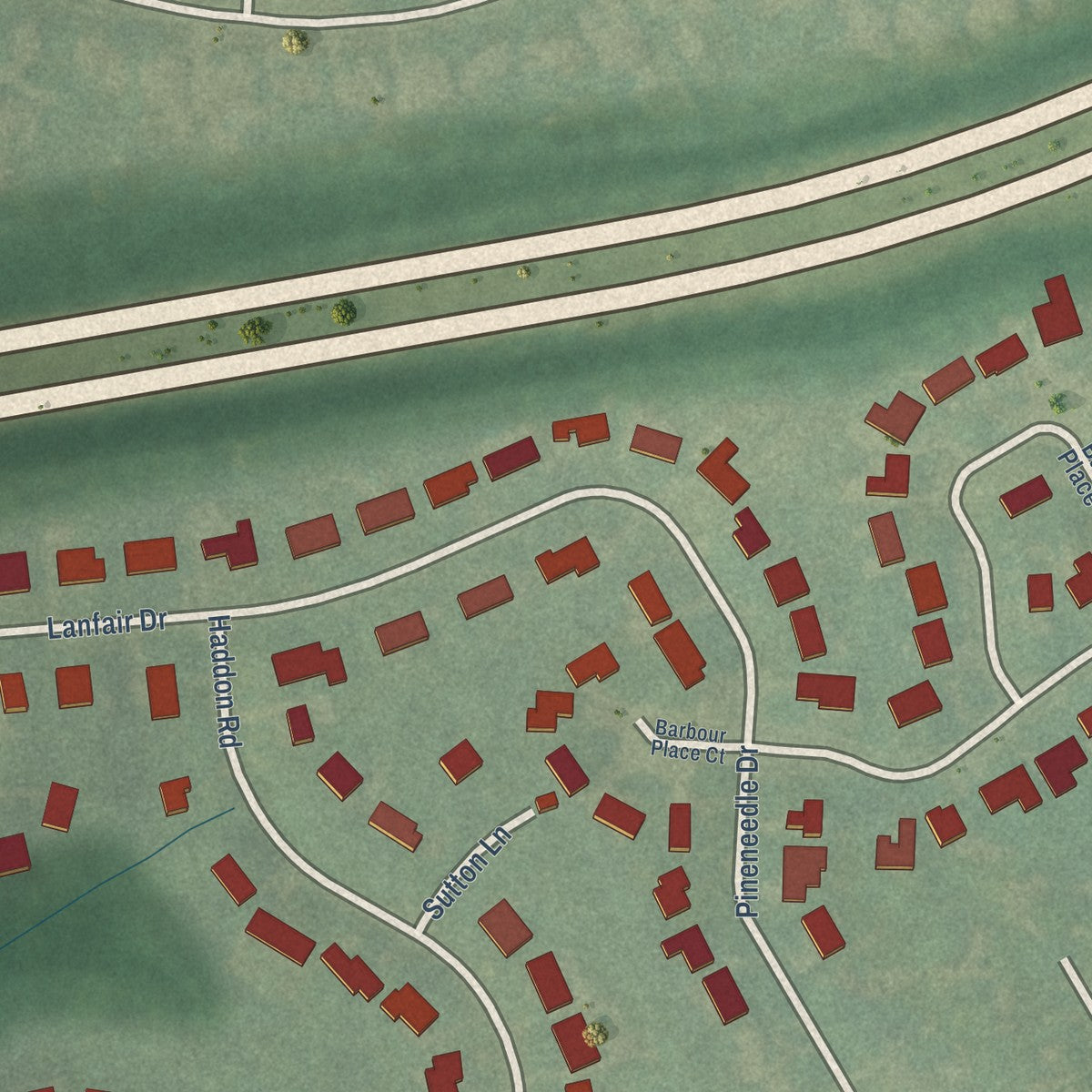 Close-up of the map of Spring Valley, Kentucky print showing street and building detail