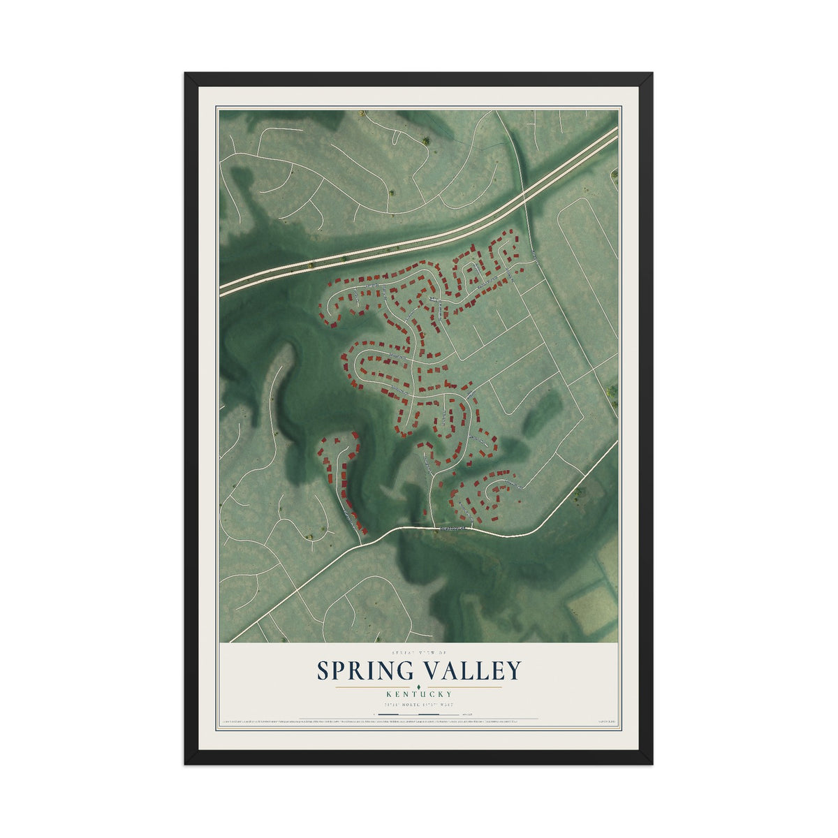 Map of Spring Valley, Kentucky, 12 x 18 inch print in a black wood frame
