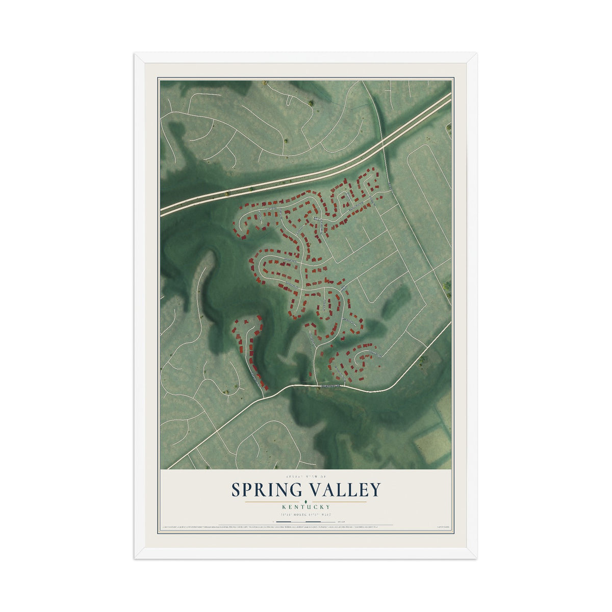 Map of Spring Valley, Kentucky, 12 x 18 inch print in a white wood frame