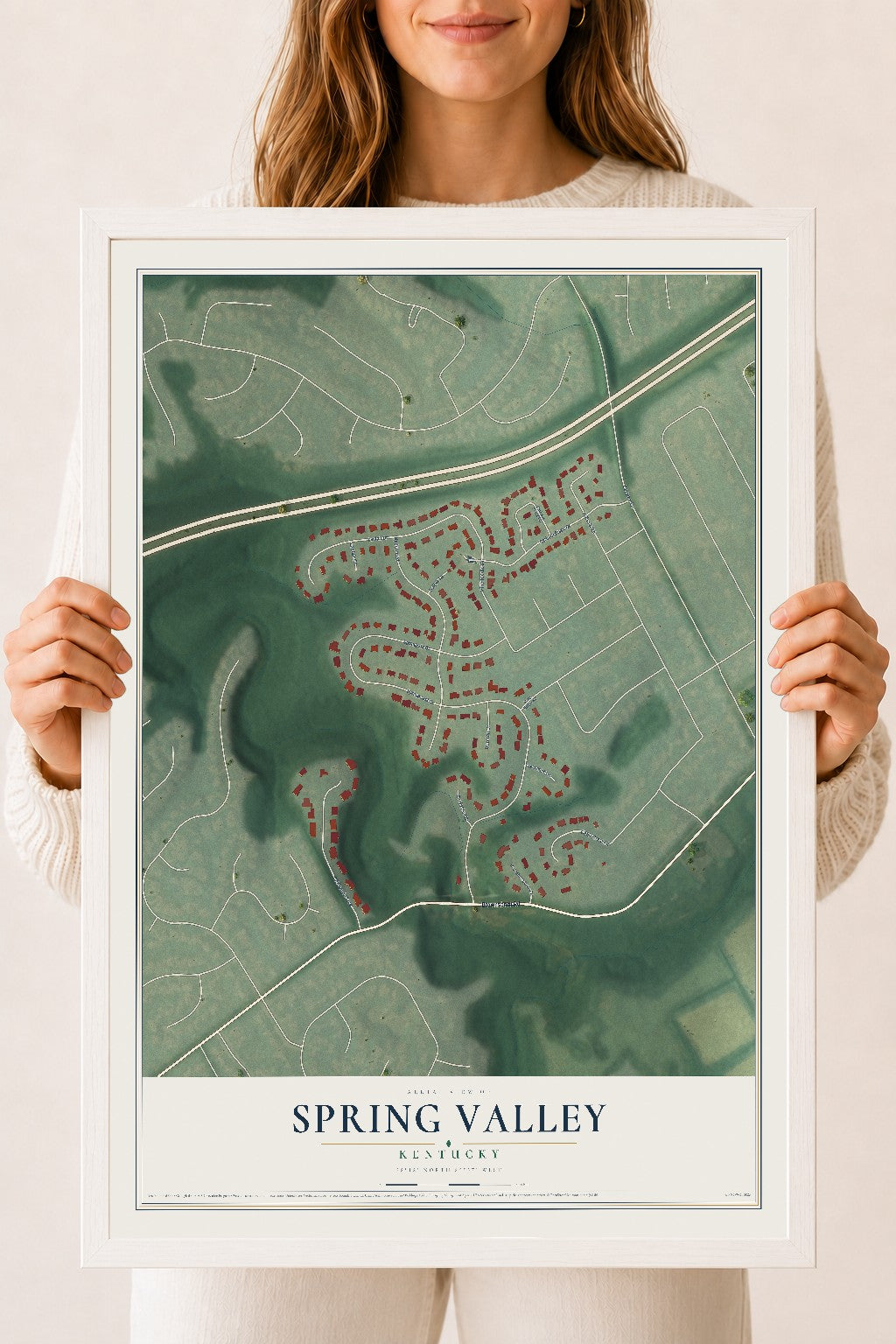 Map of Spring Valley, Kentucky, 18 x 24 inch print in a white wood frame