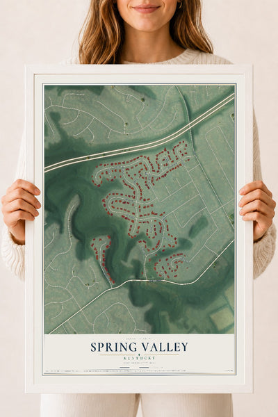 Map of Spring Valley, Kentucky, 18 x 24 inch print in a white wood frame