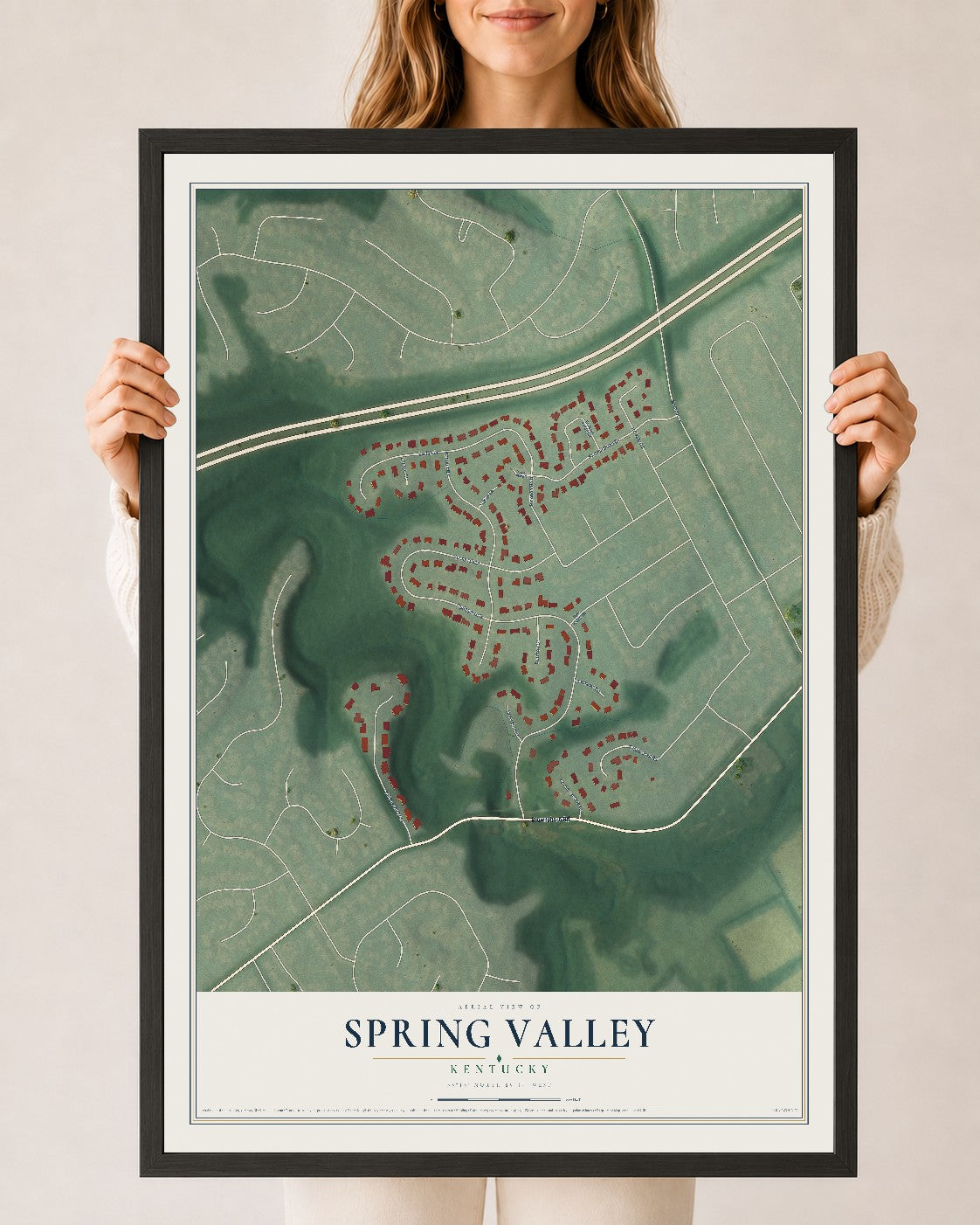 Map of Spring Valley, Kentucky, 24 x 36 inch print in a black wood frame