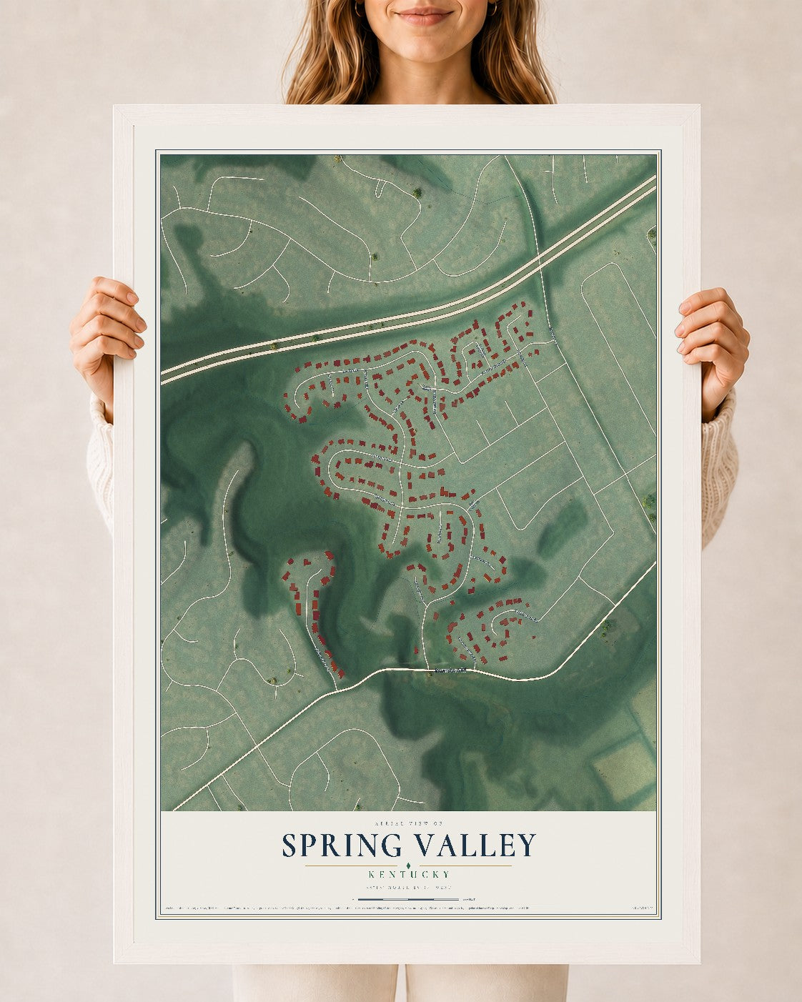 Map of Spring Valley, Kentucky, 24 x 36 inch print in a white wood frame