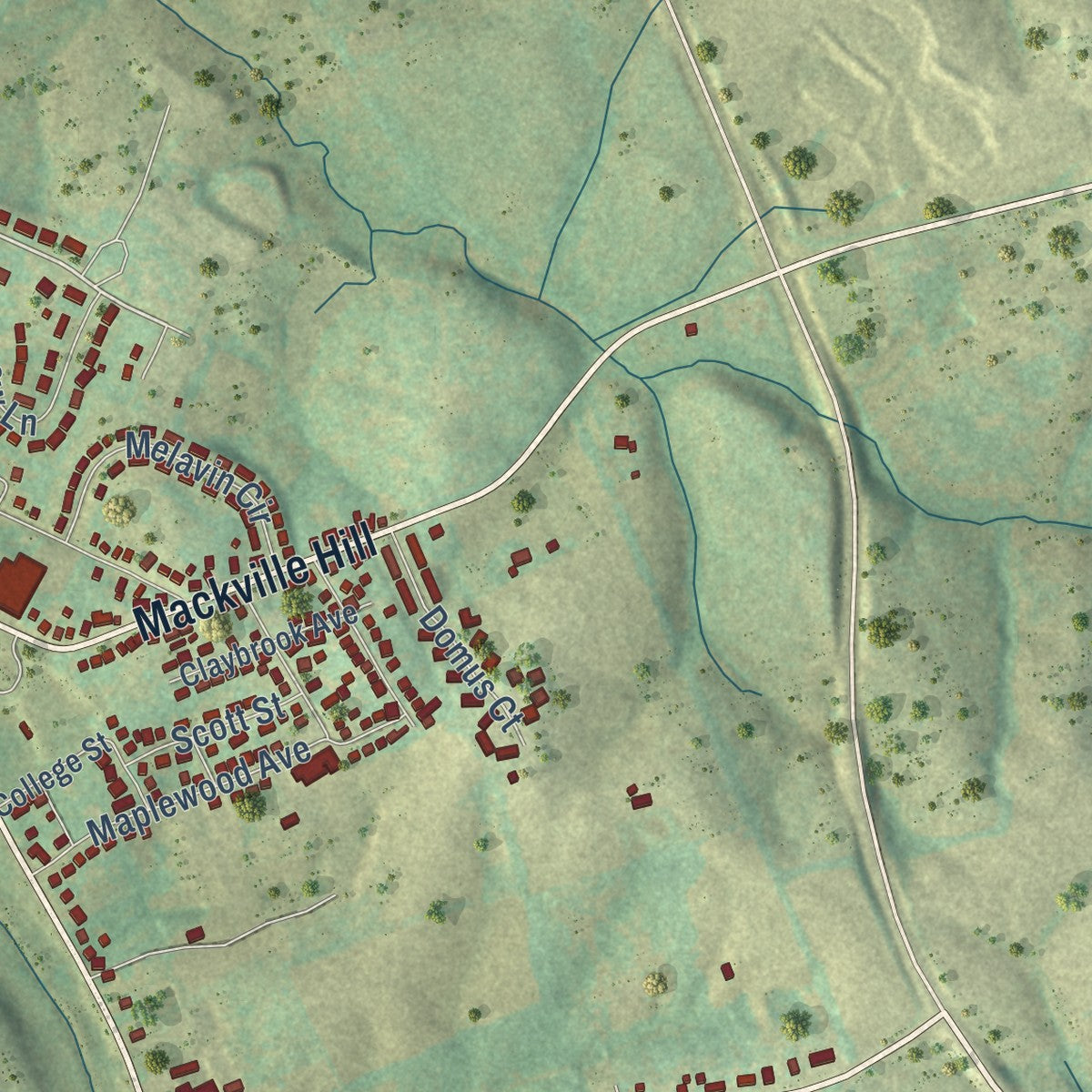 Second close-up of the map of Springfield, Kentucky print showing more streets and buildings
