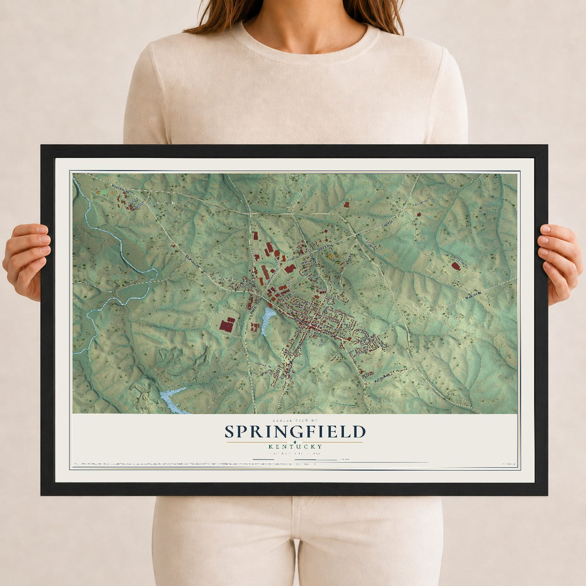 Map of Springfield, Kentucky, 12 x 18 inch print in a black wood frame