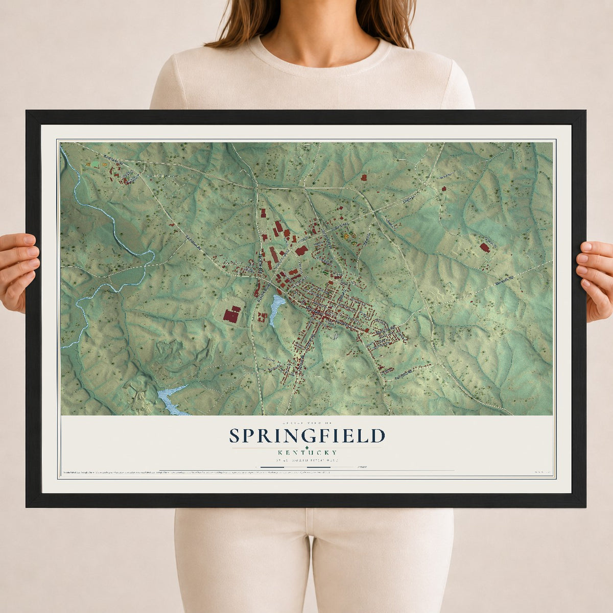 Map of Springfield, Kentucky, 18 x 24 inch print in a black wood frame