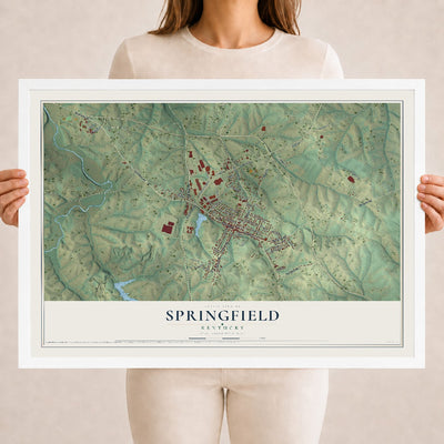 Map of Springfield, Kentucky, 18 x 24 inch print in a white wood frame