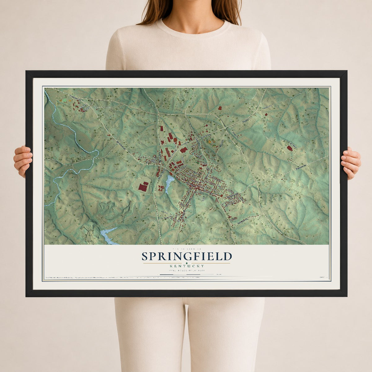 Map of Springfield, Kentucky, 24 x 36 inch print in a black wood frame