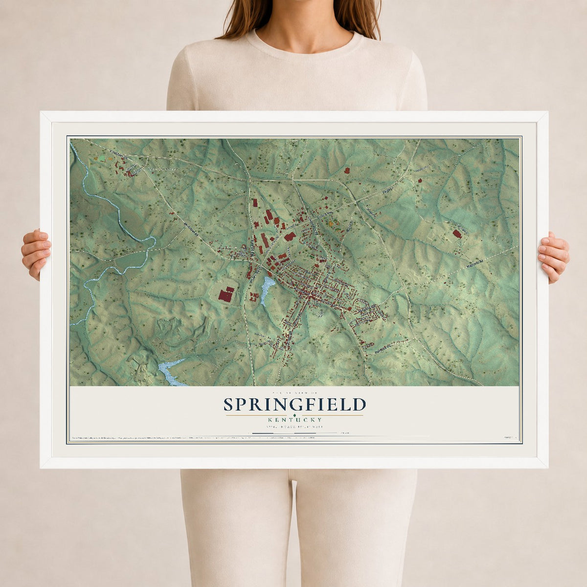 Map of Springfield, Kentucky, 24 x 36 inch print in a white wood frame