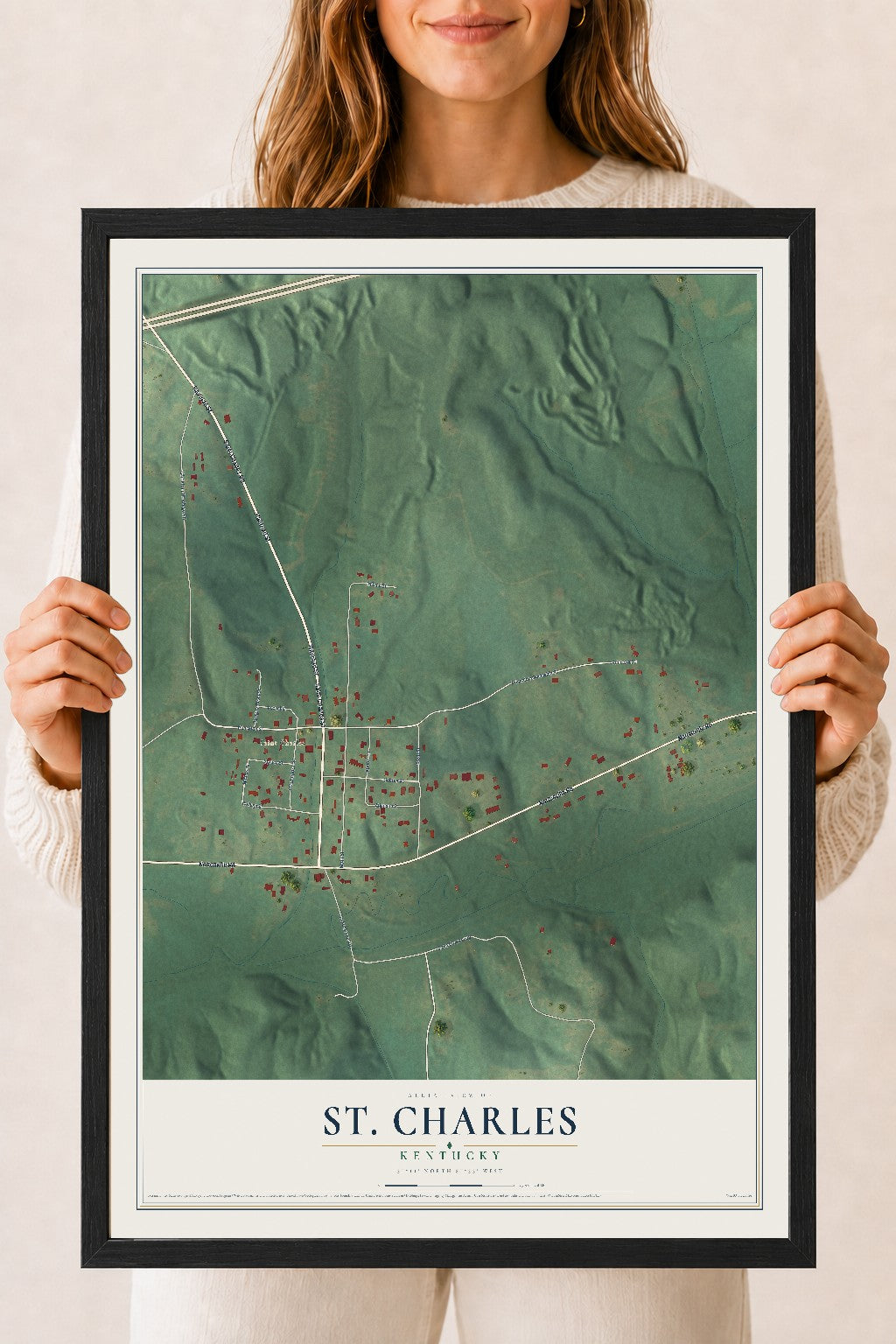 Map of St. Charles, Kentucky, 18 x 24 inch print in a black wood frame
