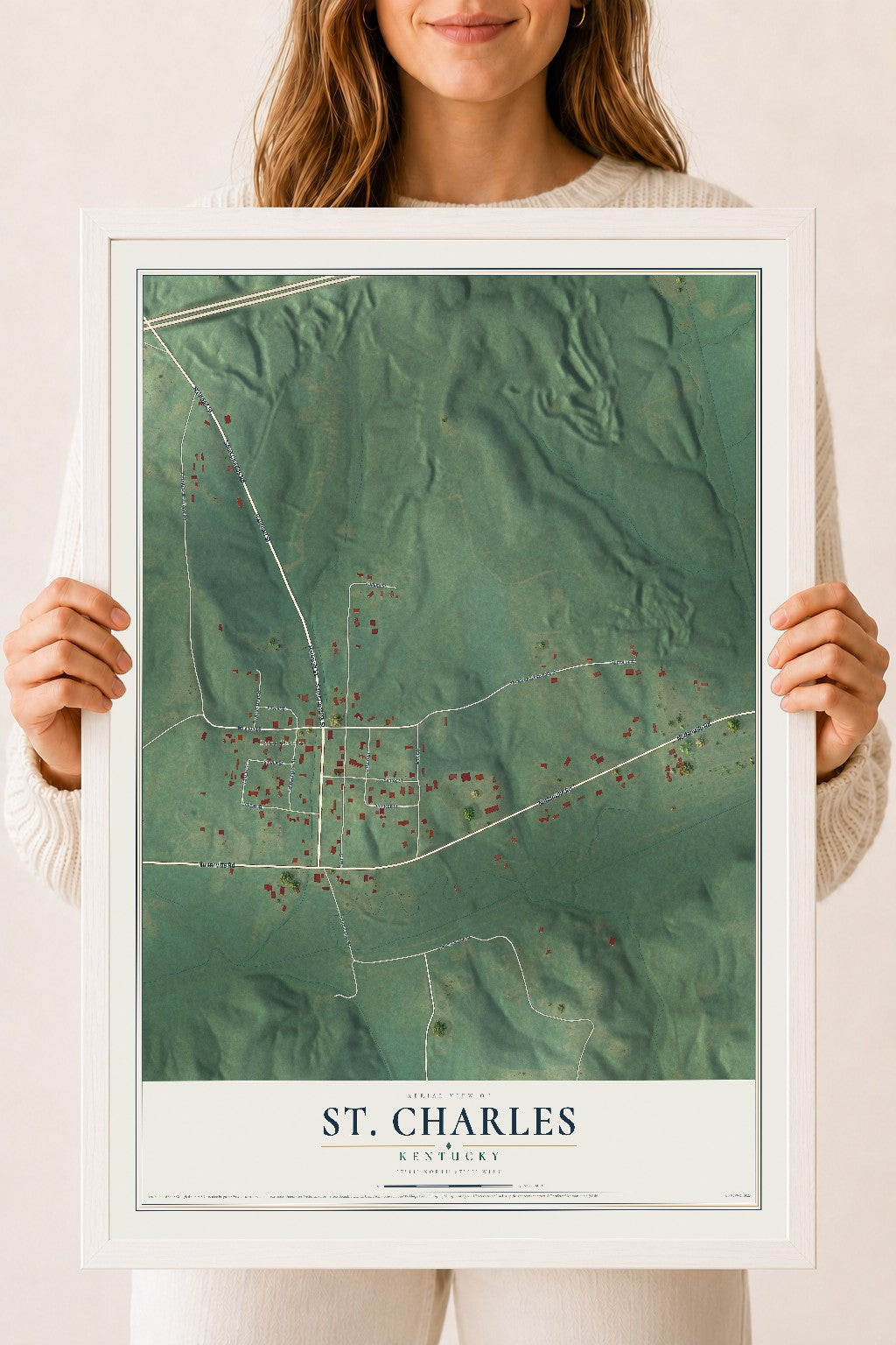 Map of St. Charles, Kentucky, 18 x 24 inch print in a white wood frame