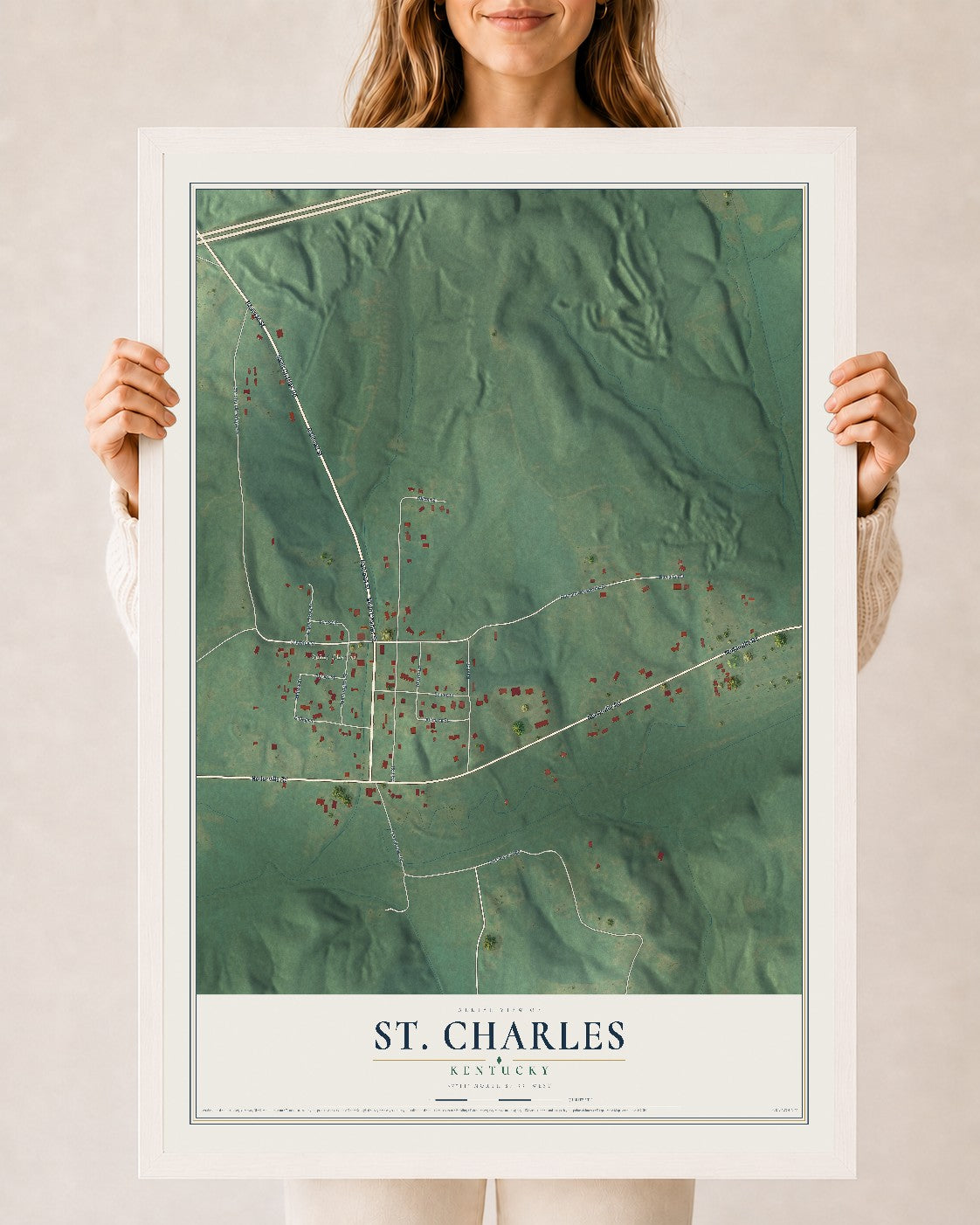 Map of St. Charles, Kentucky, 24 x 36 inch print in a white wood frame