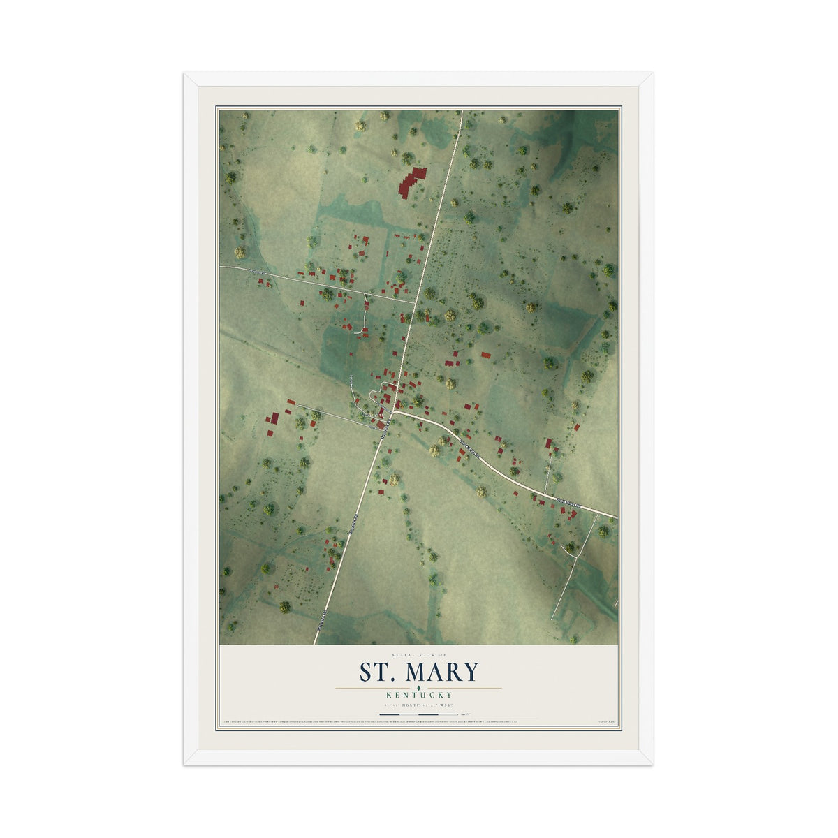 Map of St. Mary, Kentucky, 12 x 18 inch print in a white wood frame