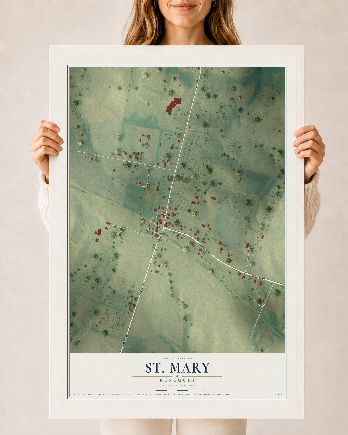 Map of St. Mary, Kentucky, 24 x 36 inch print in a white wood frame