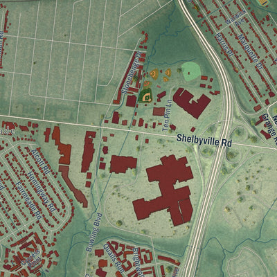 Second close-up of the map of St. Matthews, Kentucky print showing more streets and buildings