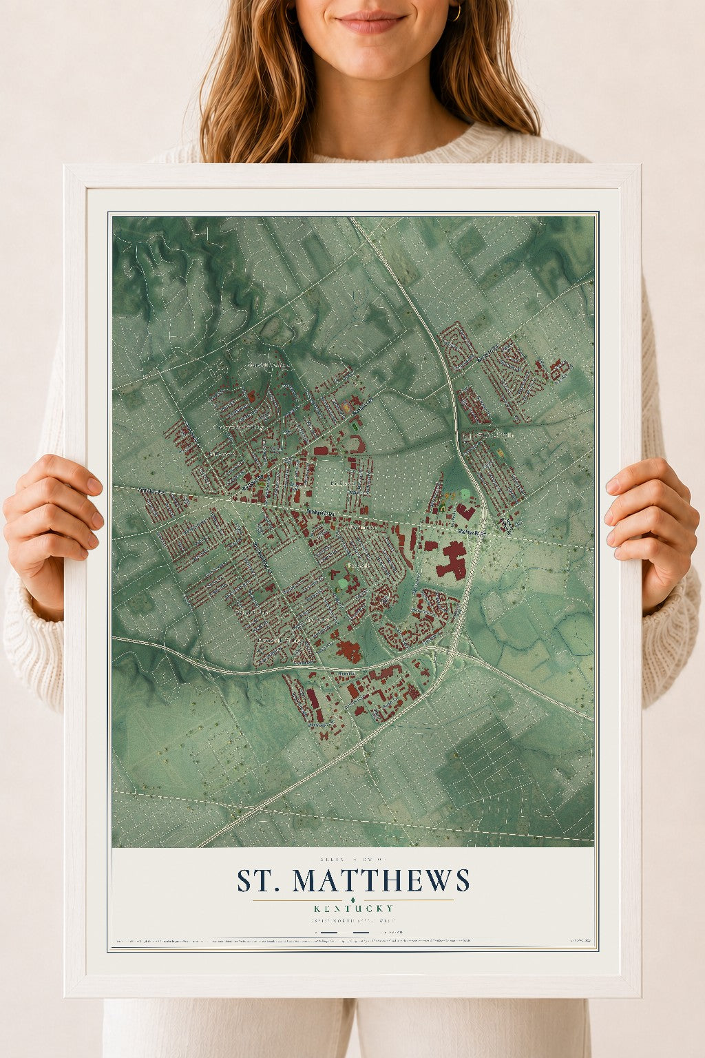 Map of St. Matthews, Kentucky, 18 x 24 inch print in a white wood frame