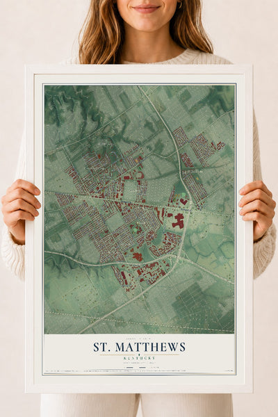 Map of St. Matthews, Kentucky, 18 x 24 inch print in a white wood frame
