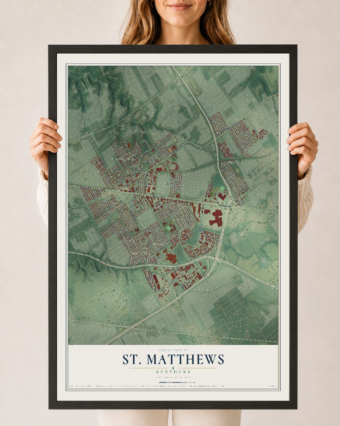 Map of St. Matthews, Kentucky, 24 x 36 inch print in a black wood frame