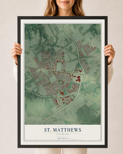 Map of St. Matthews, Kentucky, 24 x 36 inch print in a black wood frame