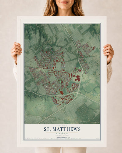 Map of St. Matthews, Kentucky, 24 x 36 inch print in a white wood frame
