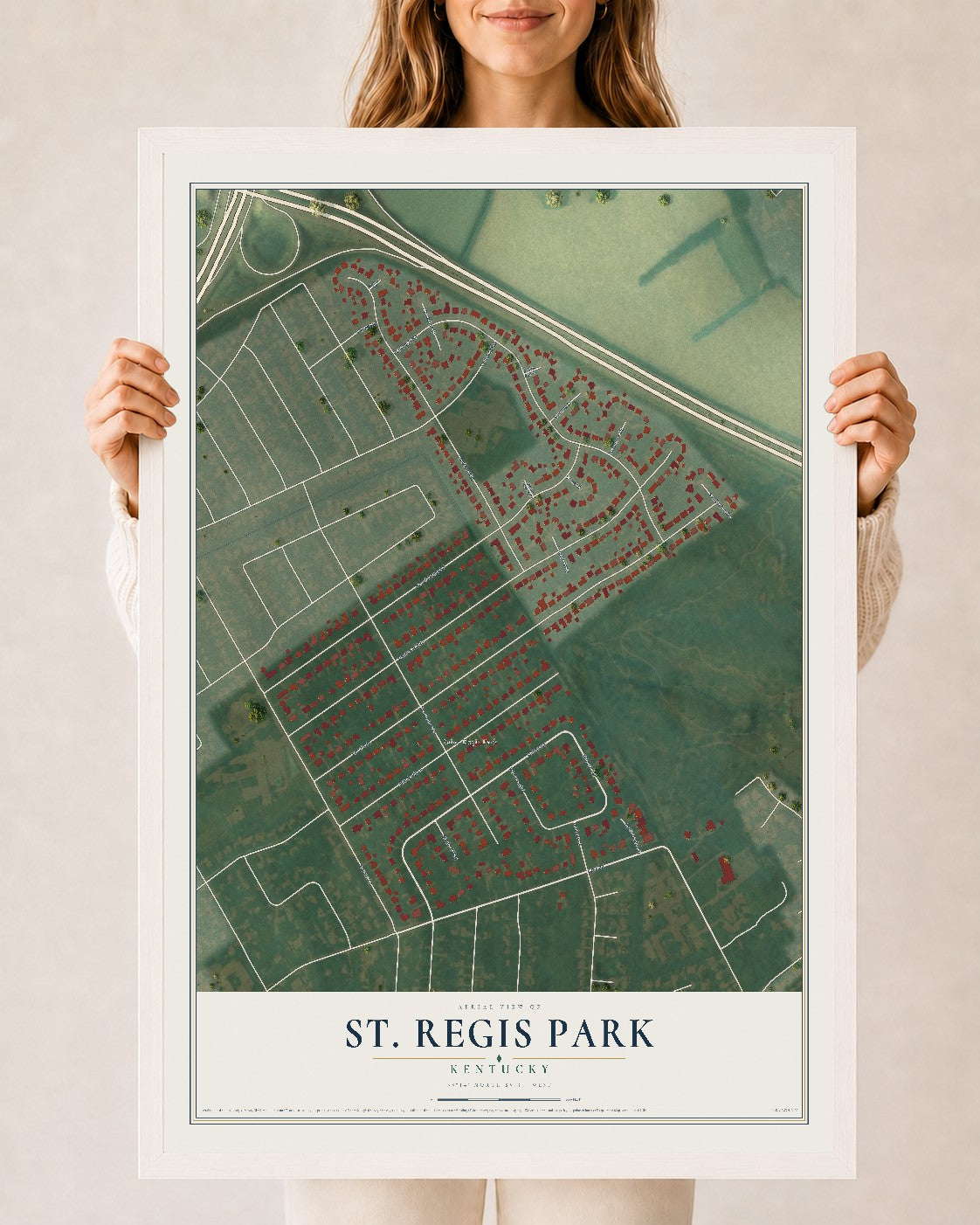 Map of St. Regis Park, Kentucky, 24 x 36 inch print in a white wood frame
