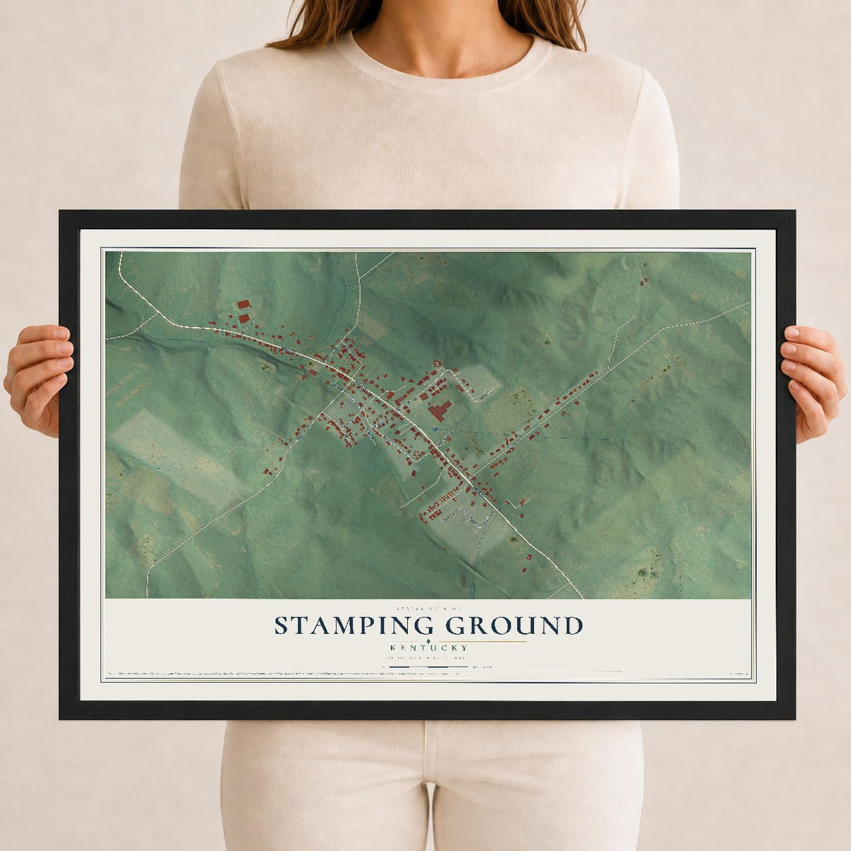 Map of Stamping Ground, Kentucky, 12 x 18 inch print in a black wood frame