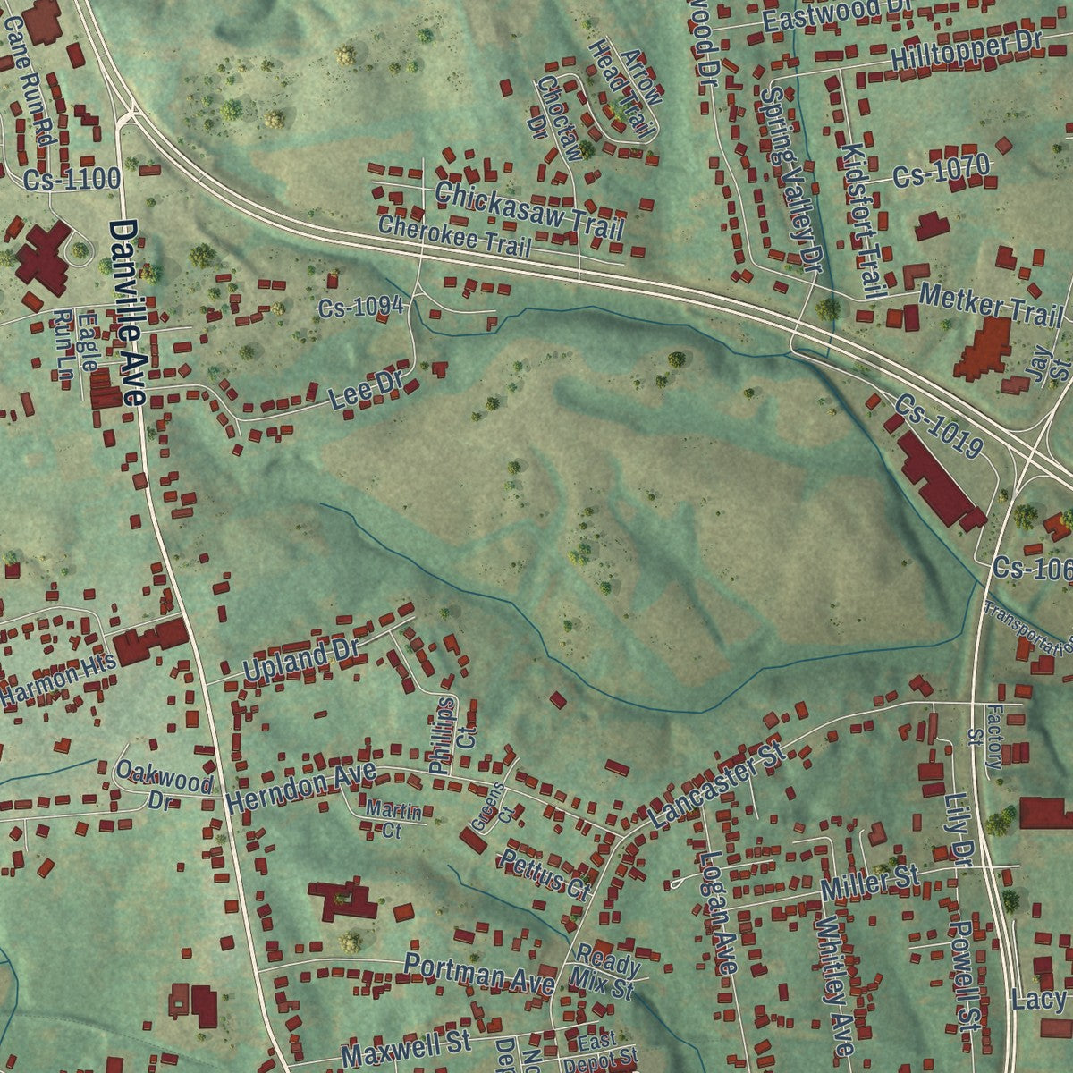 Close-up of the map of Stanford, Kentucky print showing street and building detail