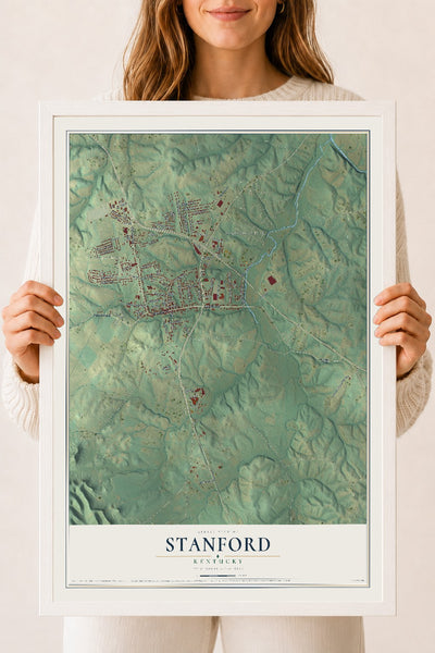 Map of Stanford, Kentucky, 18 x 24 inch print in a white wood frame