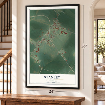 Stanley, Kentucky map, 24 x 36 inch print in a black frame by a staircase