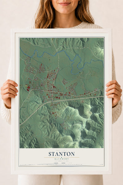 Map of Stanton, Kentucky, 18 x 24 inch print in a white wood frame