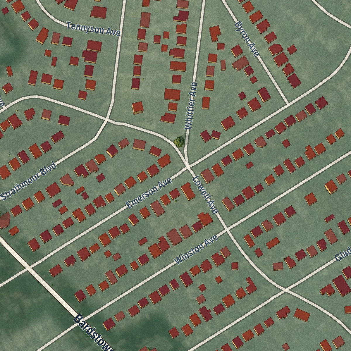 Close-up of the map of Strathmoor Village, Kentucky print showing street and building detail