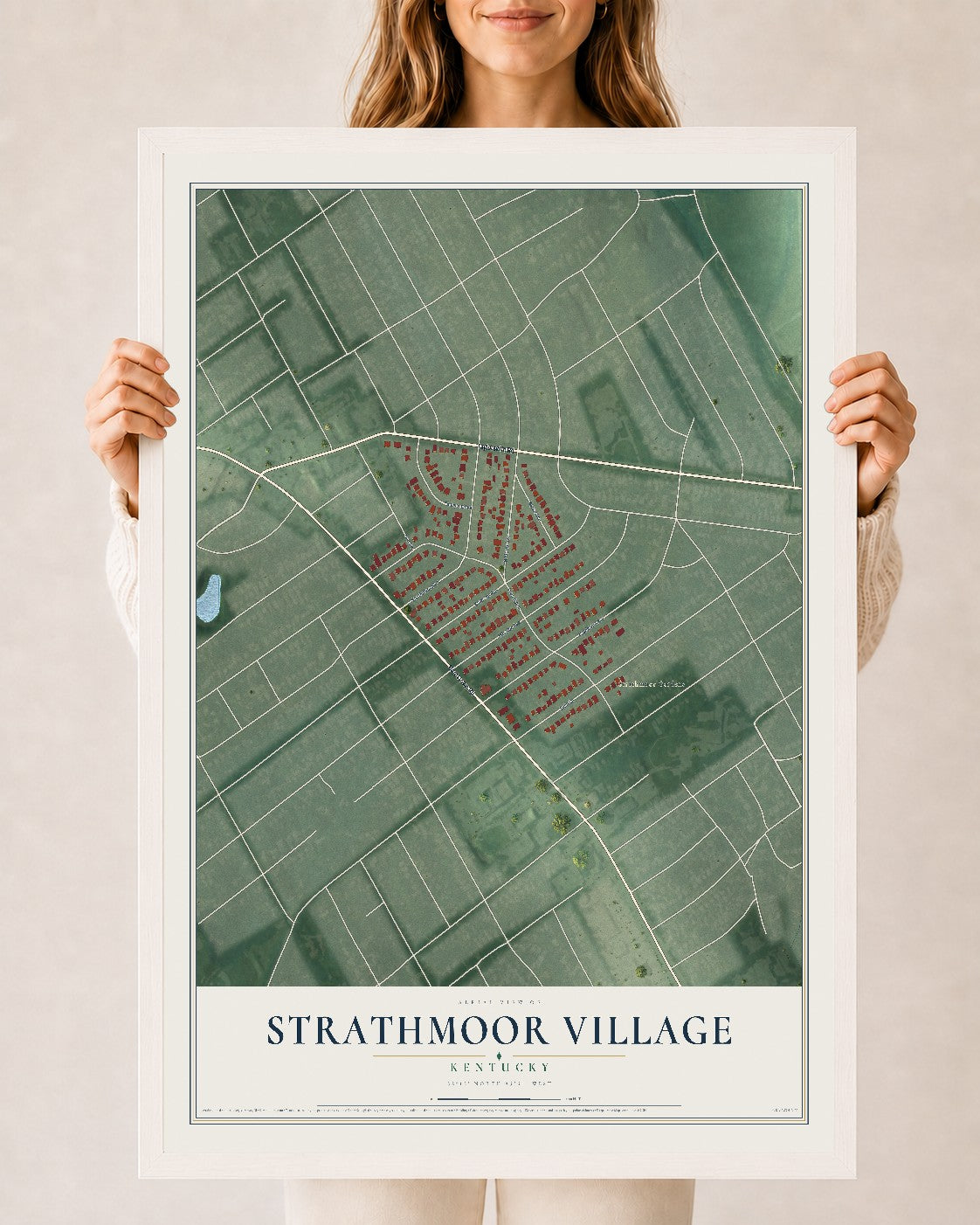 Map of Strathmoor Village, Kentucky, 24 x 36 inch print in a white wood frame