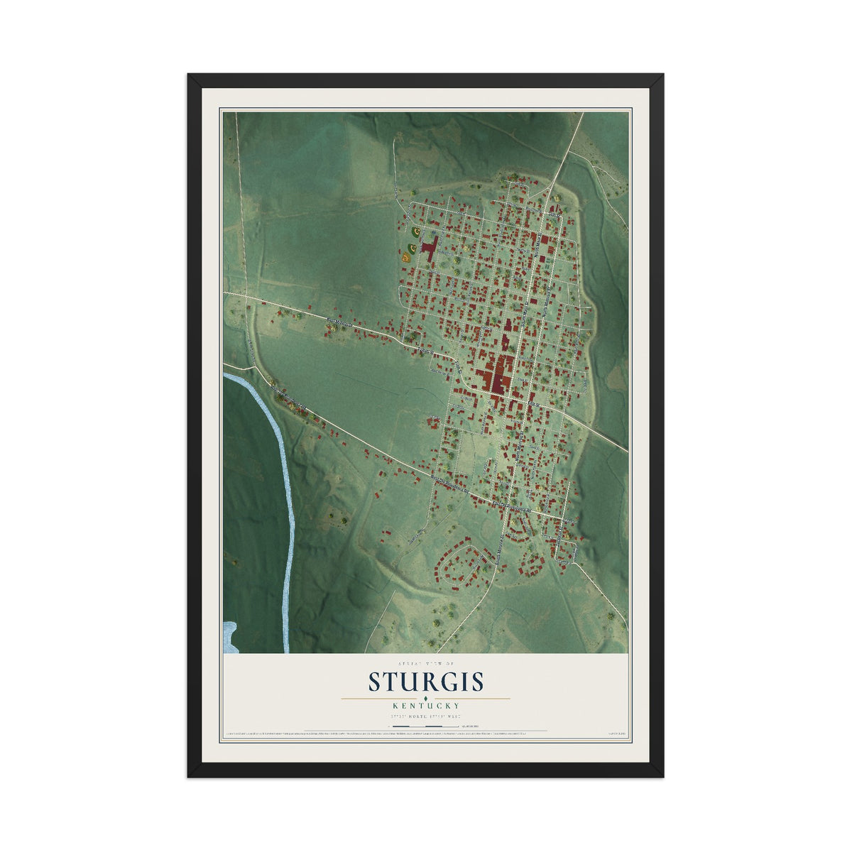 Map of Sturgis, Kentucky, 12 x 18 inch print in a black wood frame
