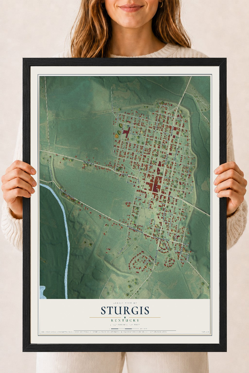 Map of Sturgis, Kentucky, 18 x 24 inch print in a black wood frame