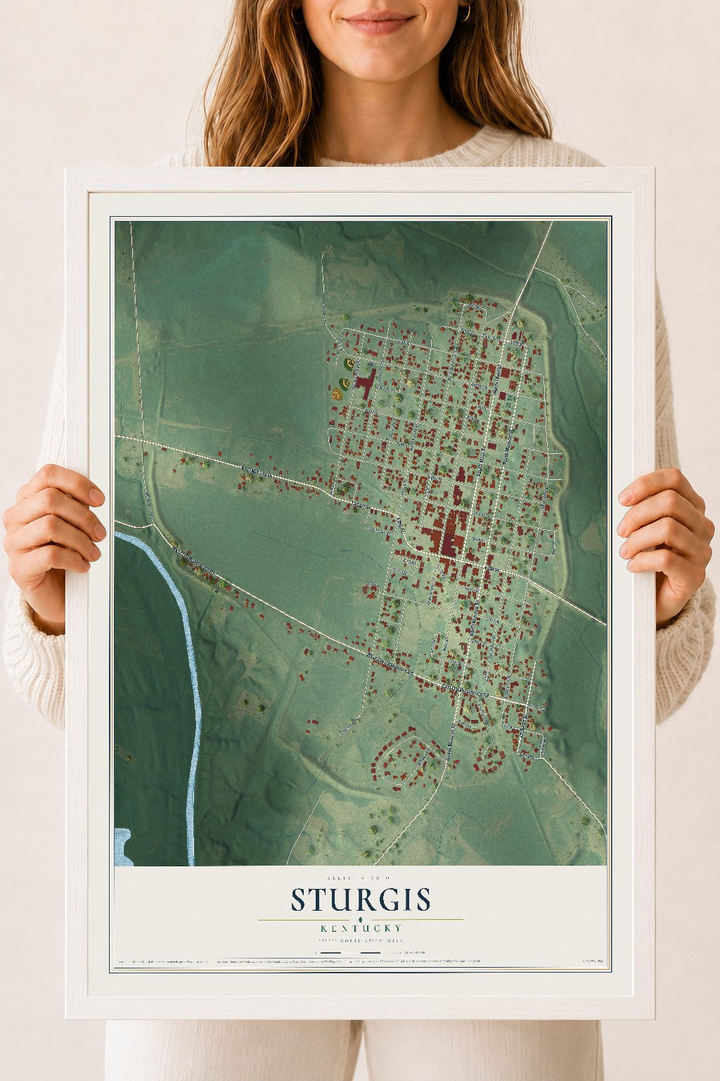 Map of Sturgis, Kentucky, 18 x 24 inch print in a white wood frame