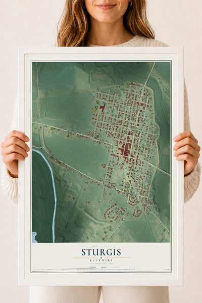 Map of Sturgis, Kentucky, 18 x 24 inch print in a white wood frame
