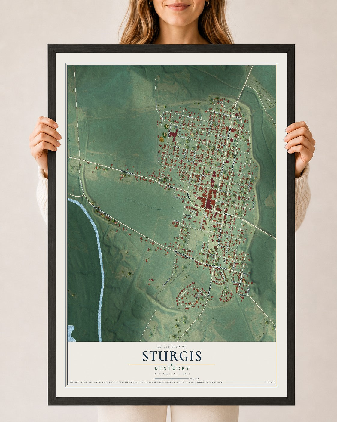 Map of Sturgis, Kentucky, 24 x 36 inch print in a black wood frame