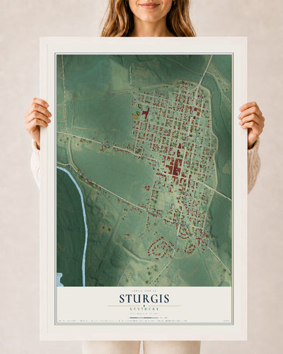 Map of Sturgis, Kentucky, 24 x 36 inch print in a white wood frame
