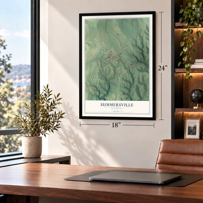 Summersville, Kentucky map, 18 x 24 inch print in a black frame in a home office