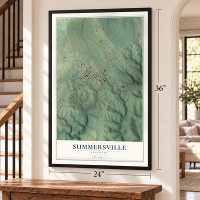 Summersville, Kentucky map, 24 x 36 inch print in a black frame by a staircase