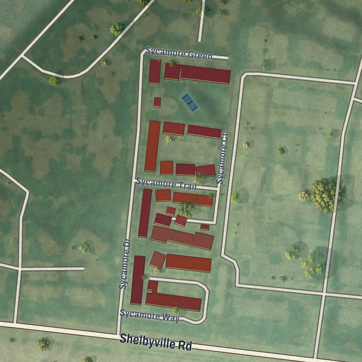 Close-up of the map of Sycamore, Kentucky print showing street and building detail
