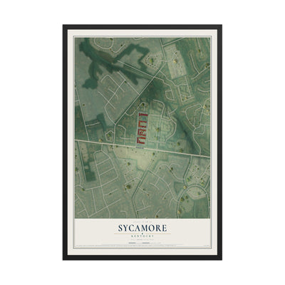Map of Sycamore, Kentucky, 12 x 18 inch print in a black wood frame