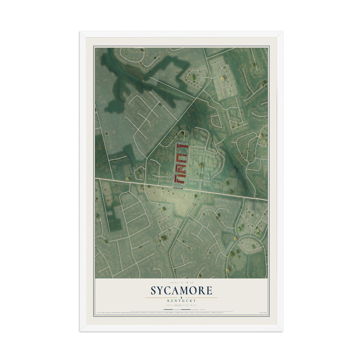 Map of Sycamore, Kentucky, 12 x 18 inch print in a white wood frame